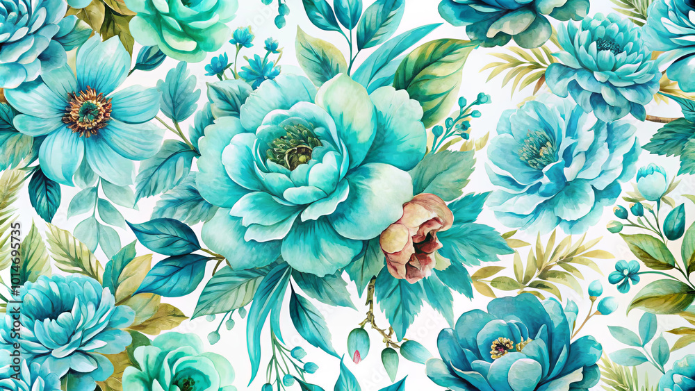Vibrant turquoise blue flowers create sumptuous watercolor bloom, showcasing intricate details and lush greenery. This floral design evokes sense of tranquility and beauty Vibrant turquoise blue flowers create sumptuous watercolor bloom, showcasing intricate details and lush greenery. This floral design evokes sense of tranquility and beauty