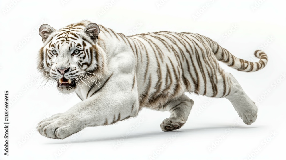 Majestic White Tiger in Powerful Pose on White Background Majestic White Tiger in Powerful Pose on White Background