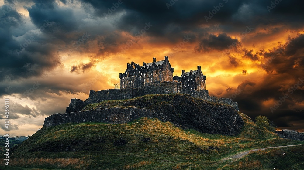 Fototapeta premium Ancient stone castle on a hillside under dramatic storm clouds in a remote landscape at dusk