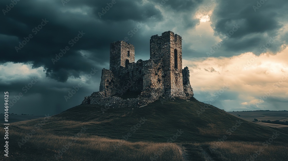 Ancient stone castle on a hillside under dramatic storm clouds in a remote landscape at dusk Ancient stone castle on a hillside under dramatic storm clouds in a remote landscape at dusk