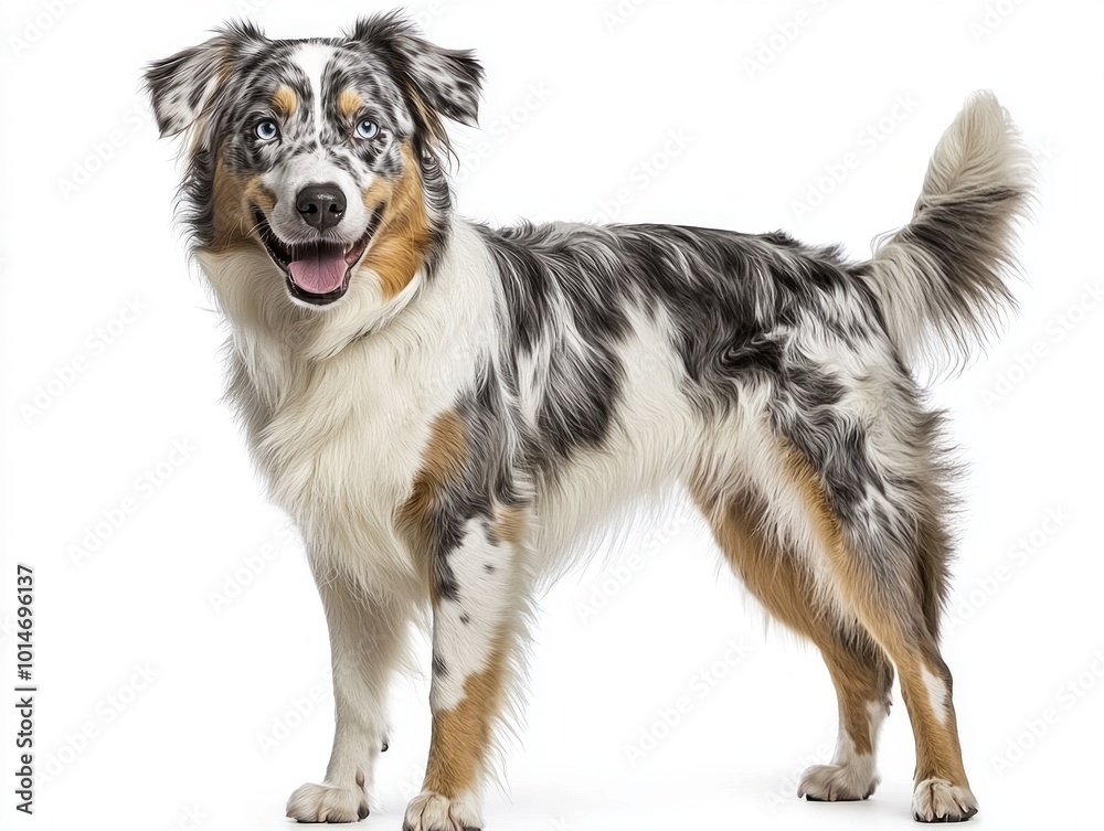 Australian Shepherd stands proudly, displaying its striking merle coat and captivating blue eyes, set against an immaculate white backdrop, embodying grace and beauty. Australian Shepherd stands proudly, displaying its striking merle coat and captivating blue eyes, set against an immaculate white backdrop, embodying grace and beauty.