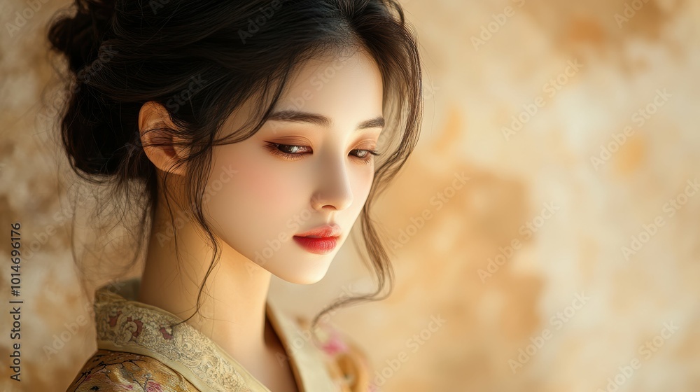 A serene Asian woman in traditional clothing, reflecting calmness and tranquility, on a soft beige background A serene Asian woman in traditional clothing, reflecting calmness and tranquility, on a soft beige background