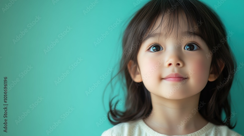 A thoughtful Asian child with a dreamlike expression, on a smooth pastel green background A thoughtful Asian child with a dreamlike expression, on a smooth pastel green background