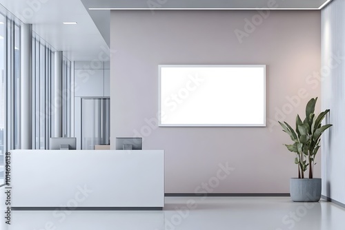 Elegant white frame mockup displayed against a modern business office reception background providing a professional and minimalist setting for advertising branding or product promotion  The clean