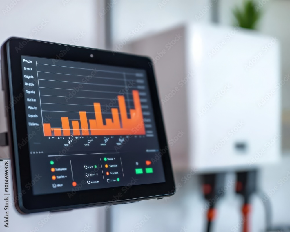 Solar inverter and digital tablet showing energy savings dashboard in a home environment, userfriendly technology interface, smart home, solar power control Solar inverter and digital tablet showing energy savings dashboard in a home environment, userfriendly technology interface, smart home, solar power control