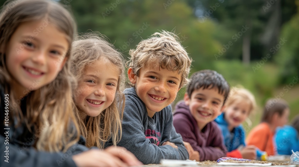 A horizontal, panoramic image capturing a group of children engaged in a collaborative, experimental learning activity, their faces radiating a sense of awe and enjoyment A horizontal, panoramic image capturing a group of children engaged in a collaborative, experimental learning activity, their faces radiating a sense of awe and enjoyment