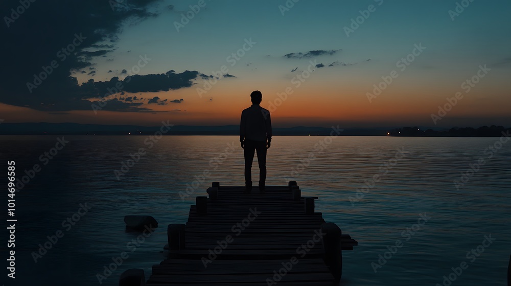 A man stands at the end of an endless pier above calm waters, gazing at the horizon where day meets night A man stands at the end of an endless pier above calm waters, gazing at the horizon where day meets night