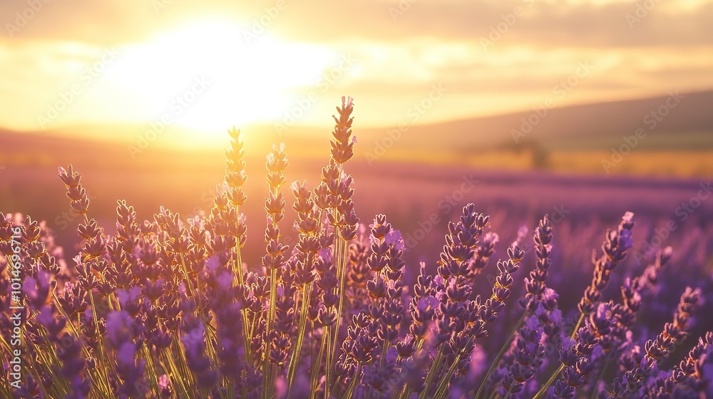 Naklejka premium Lavender fields in bloom at sunset, showcasing vibrant purple flowers across rolling hills in a peaceful countryside setting