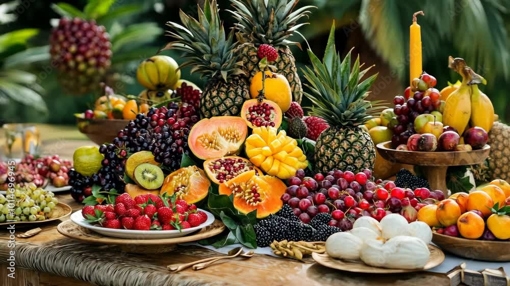 A colorful spread of fresh fruit is arranged on a wooden table, featuring pineapples, papaya, mango, strawberries, grapes, and more A colorful spread of fresh fruit is arranged on a wooden table, featuring pineapples, papaya, mango, strawberries, grapes, and more