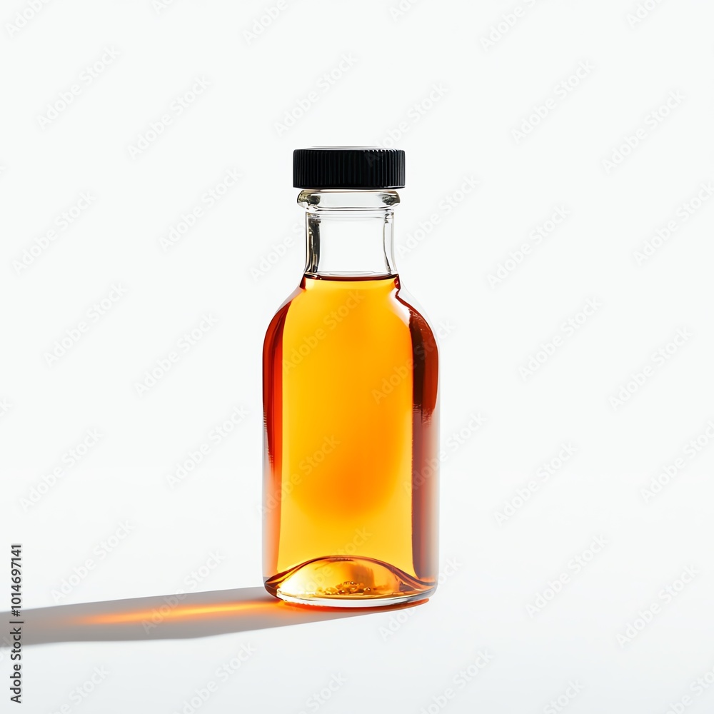 Glass bottle filled with amber liquid, isolated on white background, showcasing its transparent texture.