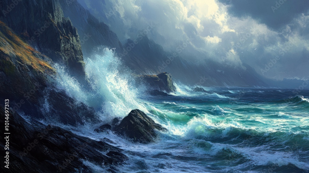 Waves crashing against rocky cliffs on a rugged ocean coastline during a storm Waves crashing against rocky cliffs on a rugged ocean coastline during a storm