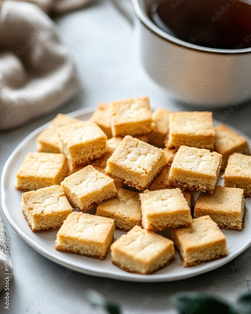A plate of golden, square shortbread cookies beside a cup of tea. A plate of golden, square shortbread cookies beside a cup of tea.
