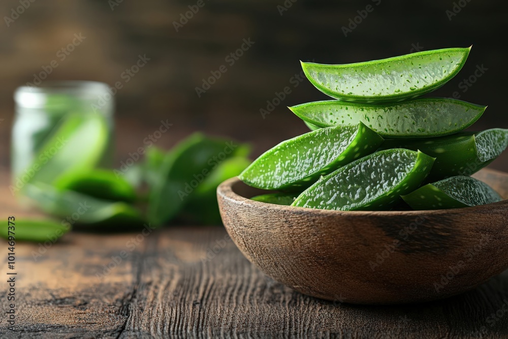 aloe vera stacking in the wooden bowl, aloe vera in jar, wooden table.