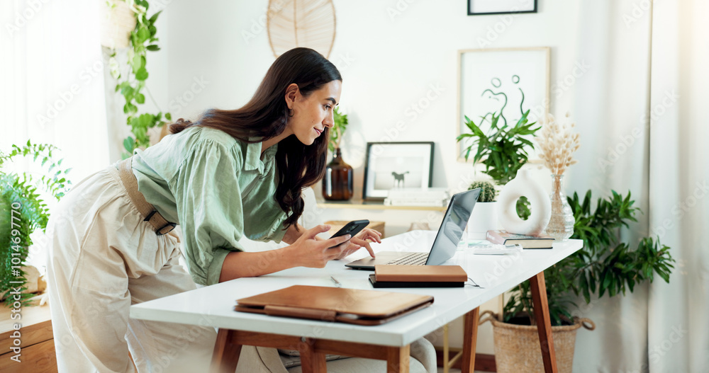 Phone, laptop and woman in home office checking email, notification or networking for online project. Remote work, research and freelancer at desk with smartphone, computer and planning web schedule Phone, laptop and woman in home office checking email, notification or networking for online project. Remote work, research and freelancer at desk with smartphone, computer and planning web schedule