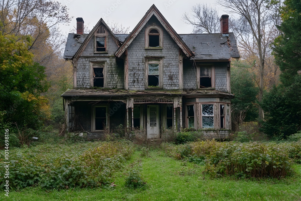 Haunting Abandoned House Enveloped in Overgrown Nature Eerie Atmosphere and Mystery A spooky dilapidated gothic manor with broken windows and decaying exterior Haunting Abandoned House Enveloped in Overgrown Nature Eerie Atmosphere and Mystery A spooky dilapidated gothic manor with broken windows and decaying exterior