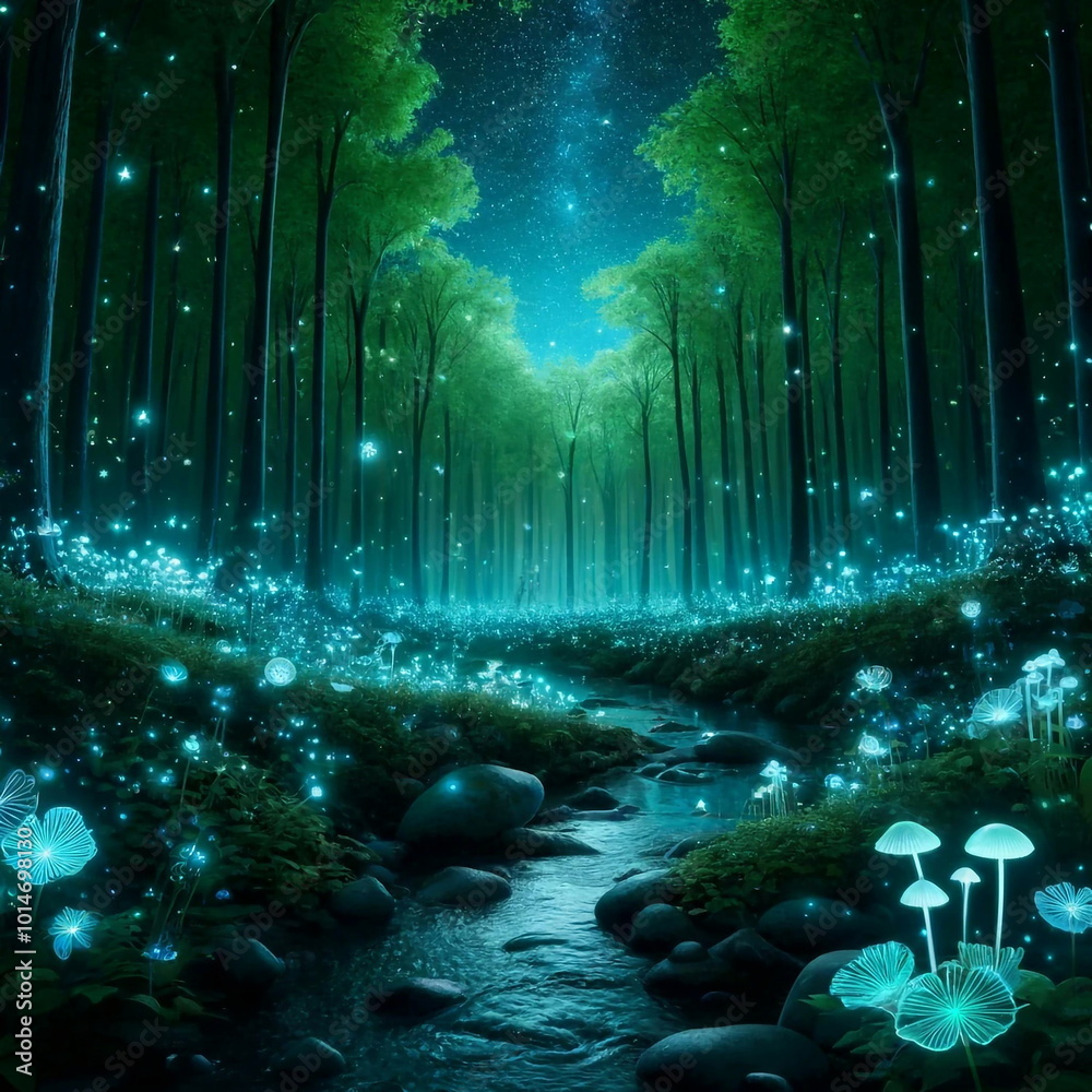 Magical night in the forest by the stream. AI generated Magical night in the forest by the stream. AI generated