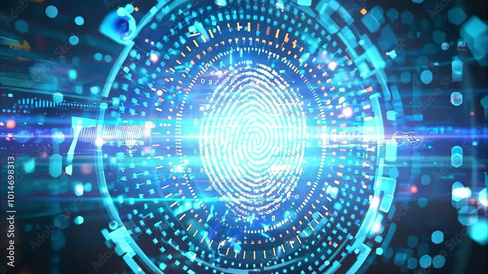 A digital fingerprint surrounded by glowing data and technology elements, depicting themes of security and identity. A digital fingerprint surrounded by glowing data and technology elements, depicting themes of security and identity.