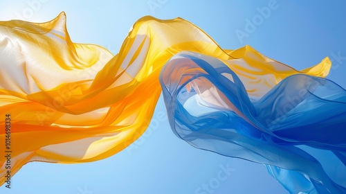 Vibrant yellow and blue banner waving against a clear blue sky in a stunning outdoor scene