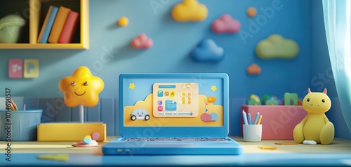 Animated interface of a children s elearning platform displayed on a laptop screen, playful education, laptop learning photo