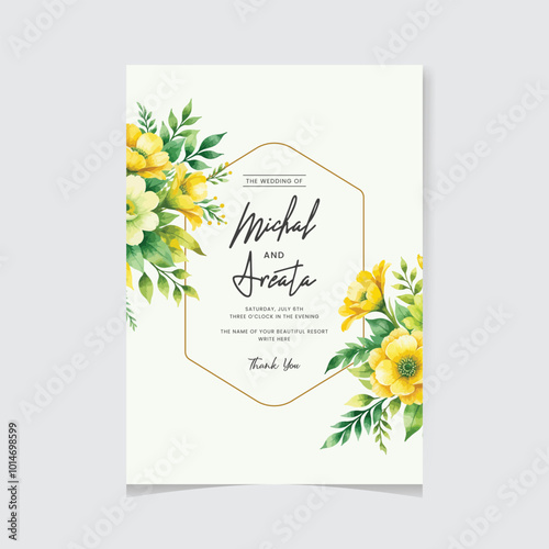 Wedding invitation card save the date with golden flowers leaves and branches