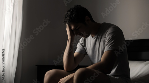 Silhouette of a depressed man sitting on a bed in a bedroom, holding his head in his hands and crying. The male is suffering from depression while looking out the window in a dark room.