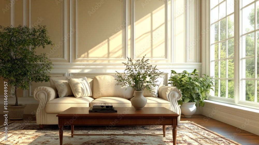 Bright living room with beige sofa, coffee table with a vase, molding wall decor, and a sunny window view Bright living room with beige sofa, coffee table with a vase, molding wall decor, and a sunny window view
