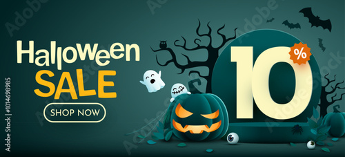 10 percents off. Halloween sale banner template. Podium and numbers with amount of discount. Special October offer.