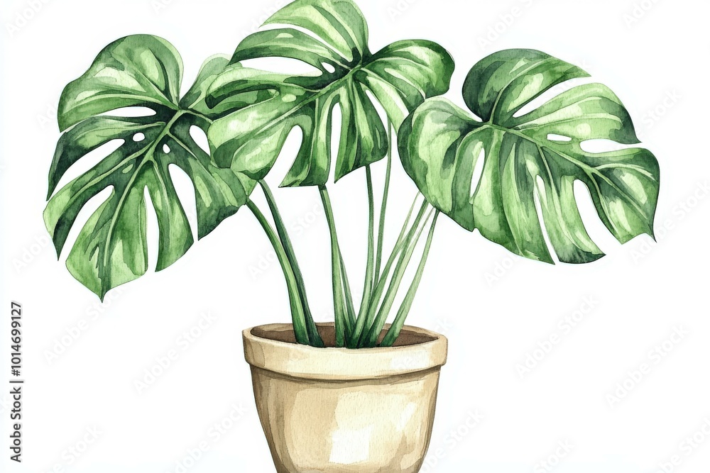Obraz premium Potted Monstera Deliciosa showcasing vibrant foliage in natural light