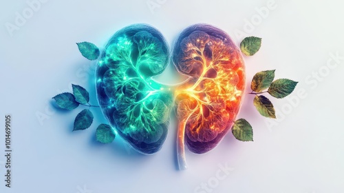 Kidney health concept with fresh green leaves, glowing kidney illustration, vibrant colors, healthy lifestyle representation, high-resolution, medical design, white background, mod