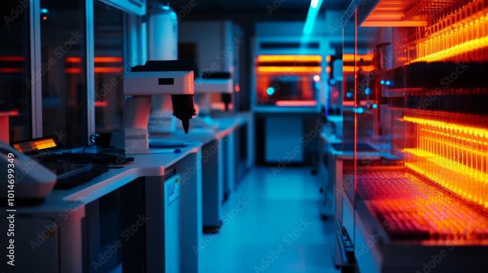 A row of scientific equipment sits in a laboratory, lit by blue overhead lights. A single piece of equipment is in focus, with a red light highlighting the tubes behind it A row of scientific equipment sits in a laboratory, lit by blue overhead lights. A single piece of equipment is in focus, with a red light highlighting the tubes behind it