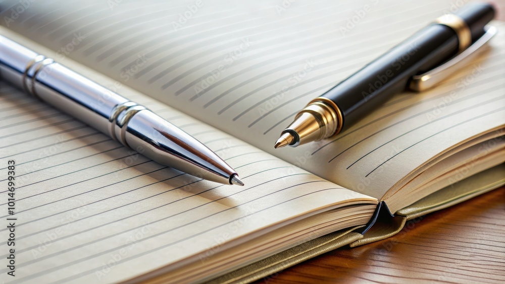 A close-up shot of a pen resting on an open notebook , stationery, writing, office supplies, education, notes, ideas A close-up shot of a pen resting on an open notebook , stationery, writing, office supplies, education, notes, ideas
