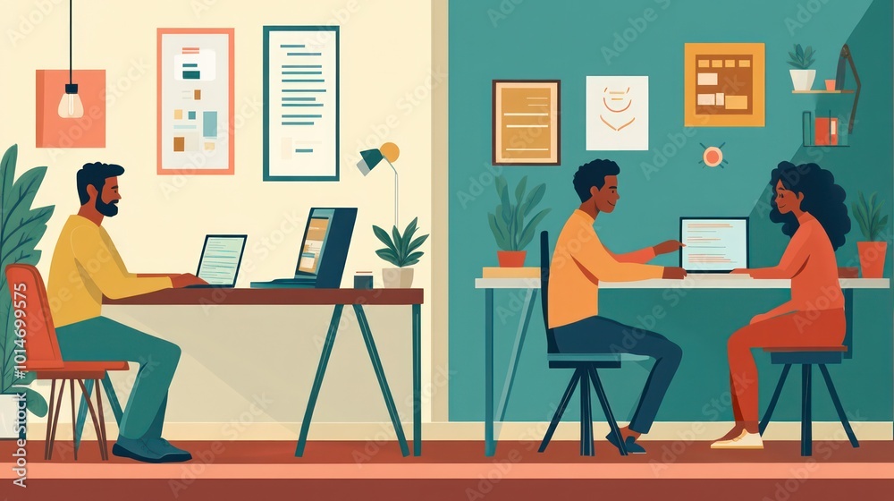 Fototapeta premium Asian and African American couples working from home offices, balancing shared workspaces with personal productivity