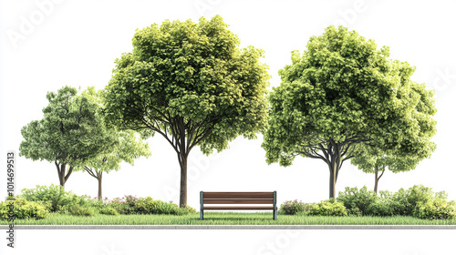 A serene park scene featuring lush green trees and a wooden bench, perfect for relaxation and nature enjoyment. photo