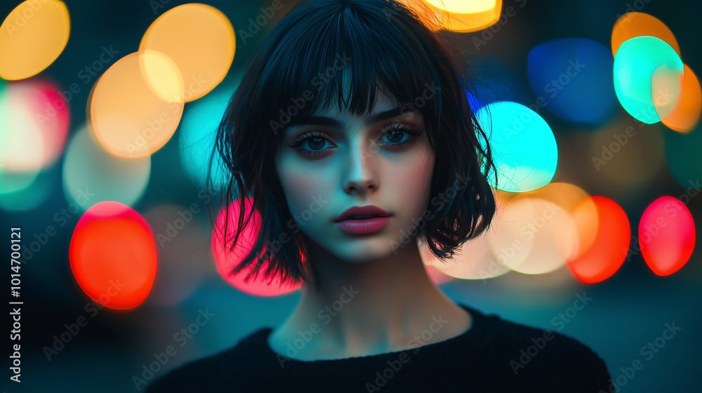 woman with short dark hair poses in front of a blurred background of multicolored bokeh lights Her eyes are looking directly at the camera woman with short dark hair poses in front of a blurred background of multicolored bokeh lights Her eyes are looking directly at the camera