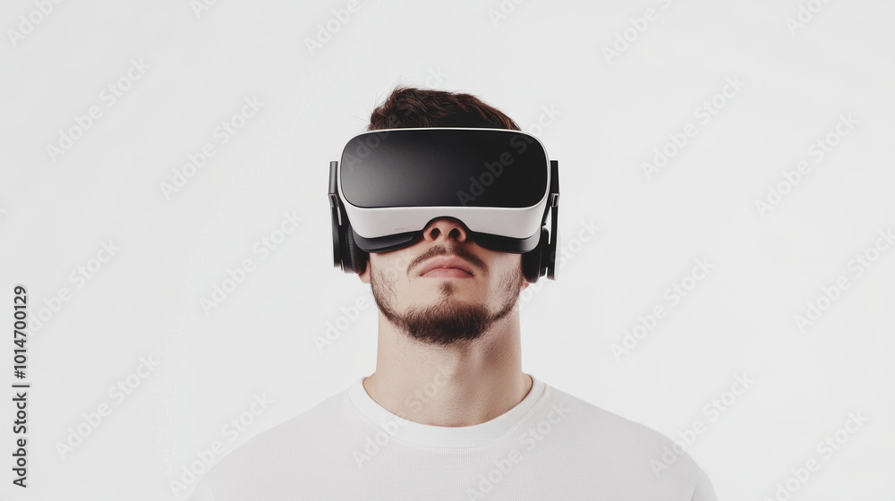 Immersed in virtual world, man wears VR headset and headphones, showcasing modern technology and innovation. His focused expression reflects excitement of virtual experiences Immersed in virtual world, man wears VR headset and headphones, showcasing modern technology and innovation. His focused expression reflects excitement of virtual experiences