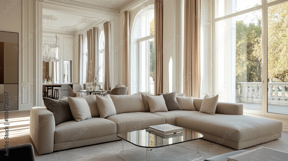 Fototapeta premium Stylish living room featuring a beige sectional sofa, glass-top coffee table, sophisticated molding walls, and tall windows