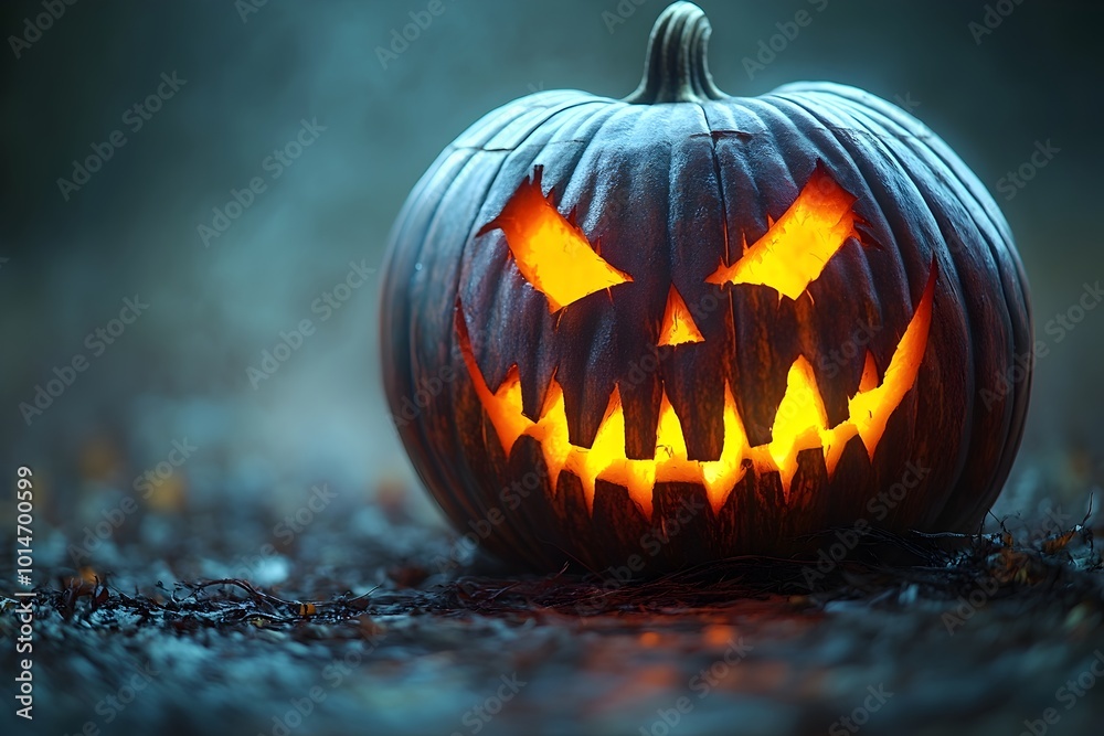 Glowing  carved jack o  lantern with a sinister  frightening face in a dark  atmospheric autumnal setting  Spooky Halloween themed concept  with space for text overlay