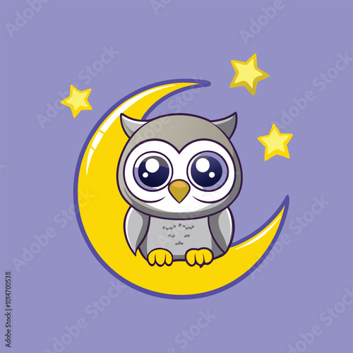 Cute Cartoon Owl On Crescent Moon With Stars