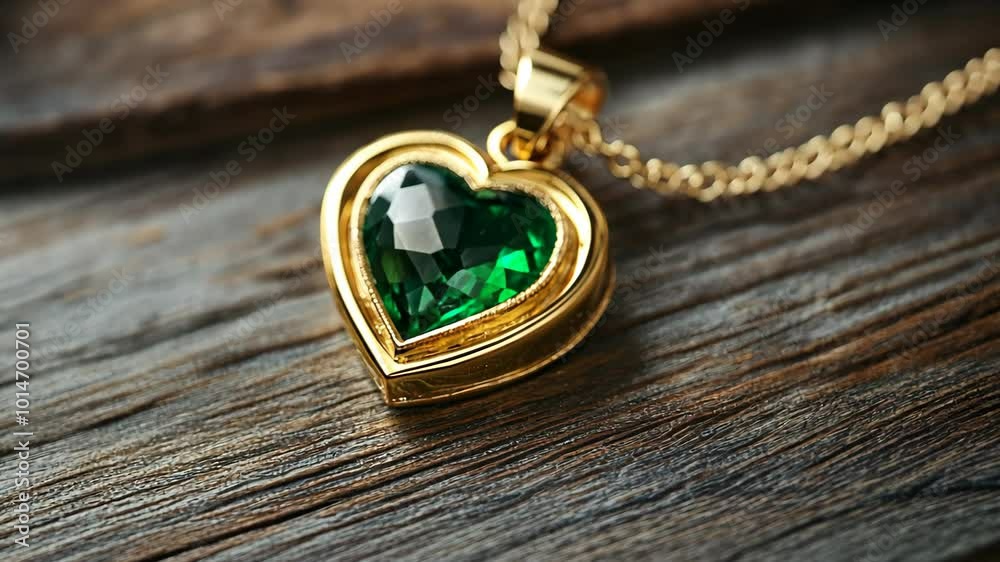 A gold heart pendant with a green gemstone rests on a wooden surface A gold heart pendant with a green gemstone rests on a wooden surface