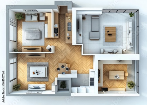 3D plan of the apartment with three floors, two hallways, and one kitchen in white color on a gray background, with a wooden floor and a sofa bed near the window photo