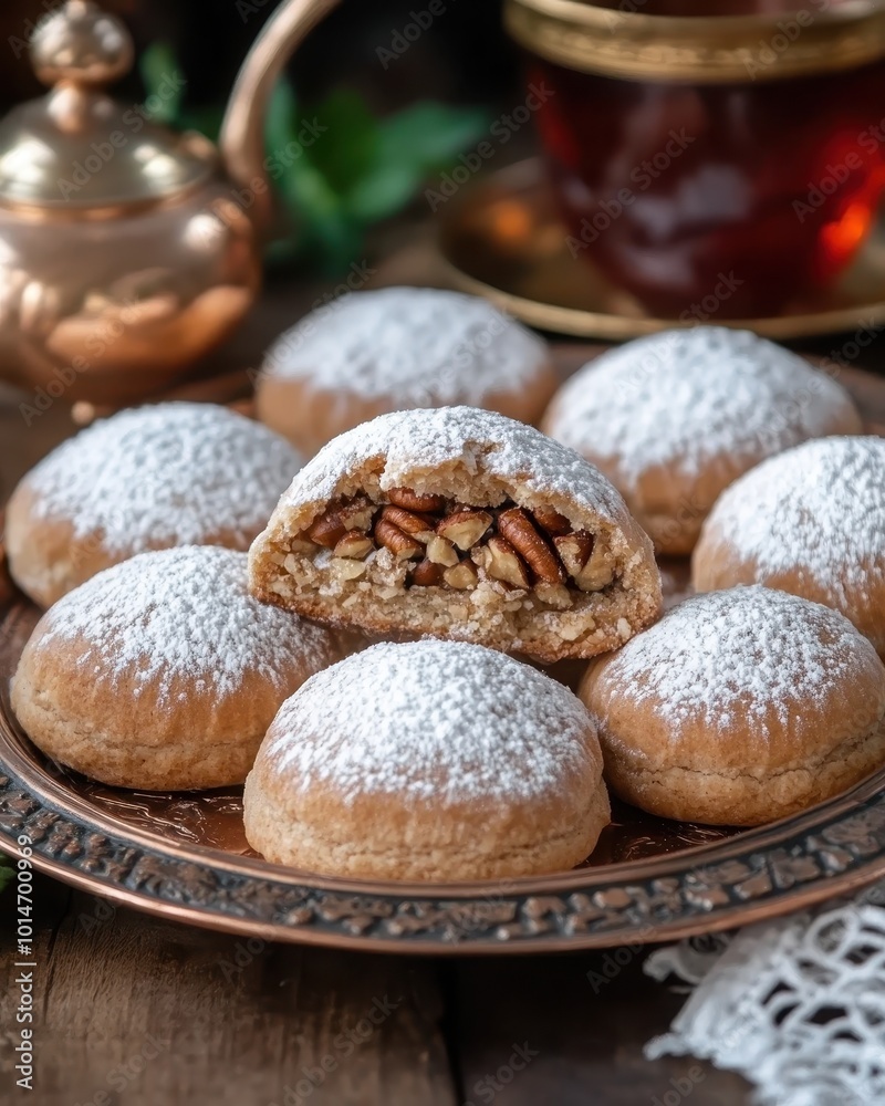 A plate of sweet pastries dusted with powdered sugar, showcasing a nut-filled center. A plate of sweet pastries dusted with powdered sugar, showcasing a nut-filled center.