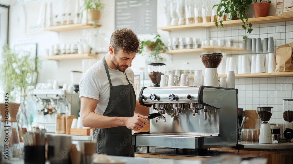 A barista prepares coffee in modern cafe, showcasing skill and focus while using an espresso machine. warm atmosphere is enhanced by plants and stylish decor A barista prepares coffee in modern cafe, showcasing skill and focus while using an espresso machine. warm atmosphere is enhanced by plants and stylish decor