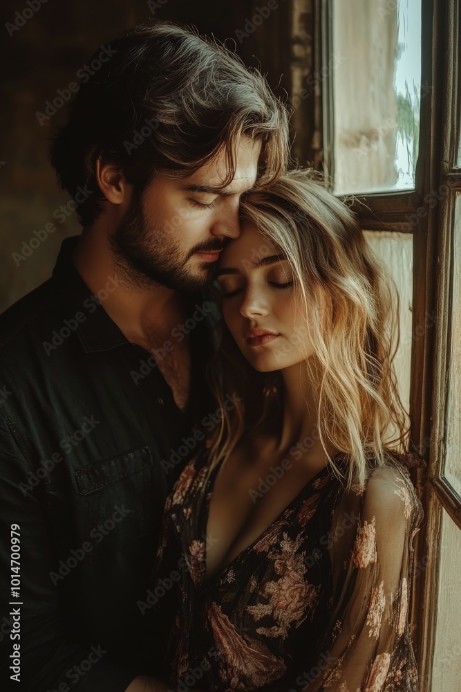 Romantic couple embracing near a sunlit window in a cozy setting Romantic couple embracing near a sunlit window in a cozy setting