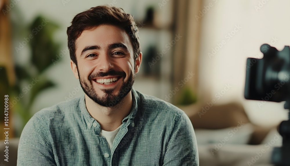 Smiling Man Recording a Video with a Camera