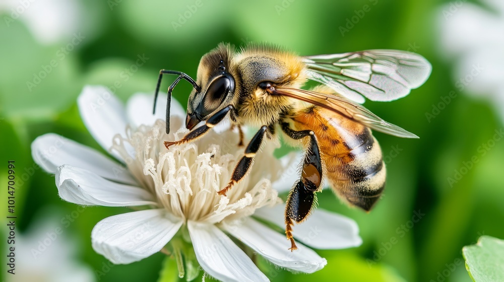 A close-up of a bee pollinating a white flower. A close-up of a bee pollinating a white flower.