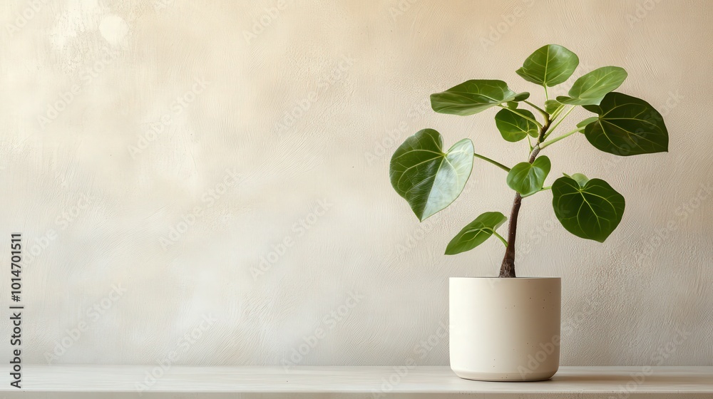 Simple potted plant on a minimalist shelf against a textured wall Simple potted plant on a minimalist shelf against a textured wall