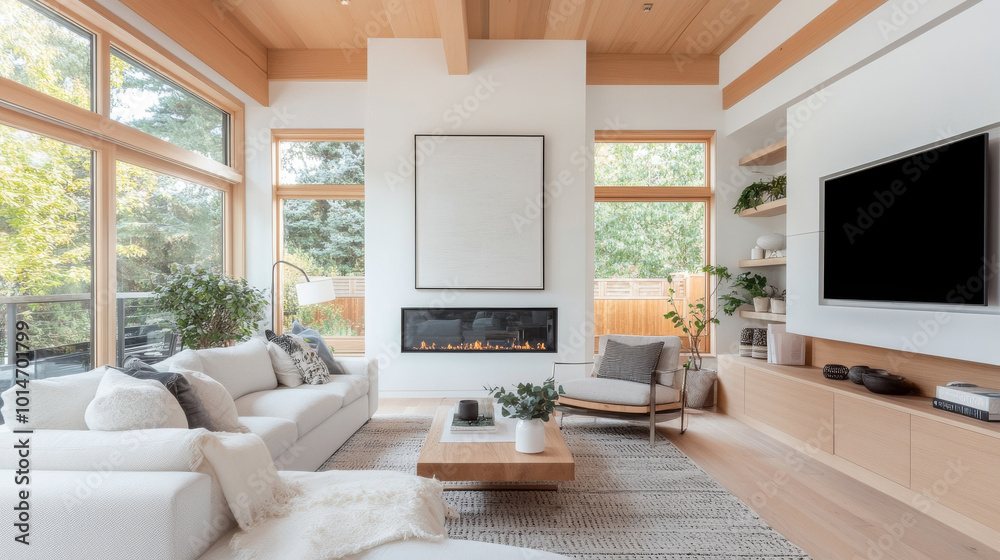 A modern living room featuring large windows, cozy sofa, and stylish coffee table. space is bright and inviting, with natural light enhancing warm wood tones and minimalist decor A modern living room featuring large windows, cozy sofa, and stylish coffee table. space is bright and inviting, with natural light enhancing warm wood tones and minimalist decor