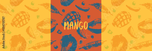 Vector mango seamless pattern. Tropical fruit drawings. Color sketches of organic mangoes. Banner with tropical fruits. Exotic fruit ornament. Asian Mangos background. Label template.
