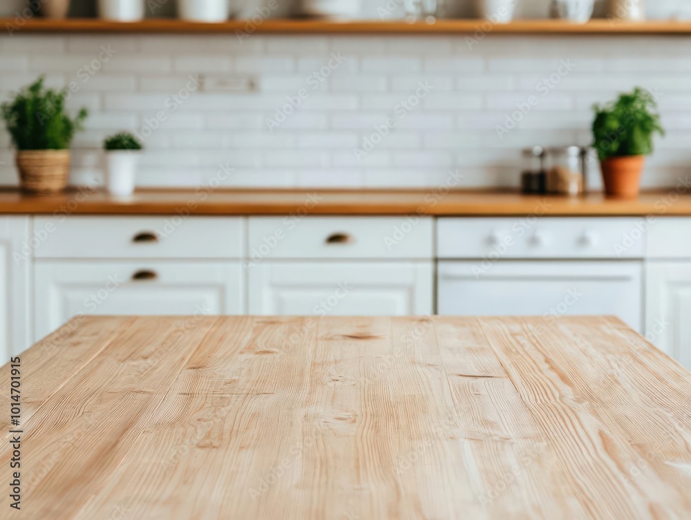 Cozy kitchen with wooden table and plants, wood tabletop, homely atmosphere Cozy kitchen with wooden table and plants, wood tabletop, homely atmosphere