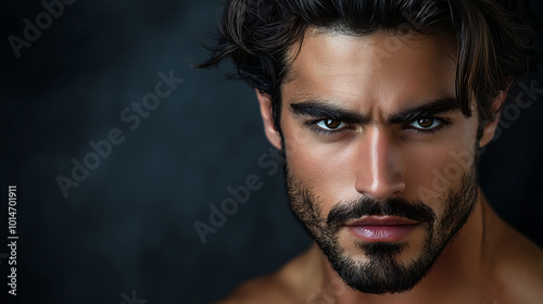 close up portrait of a man with dark hair and a beard looking directly at the viewer with an intense expression His eyes are narrowed and his lips are slightly parted